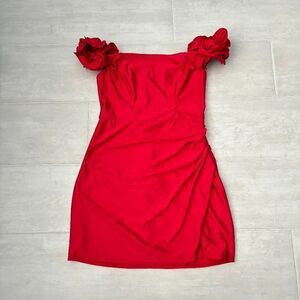 B Darlin Juniors' Mini Bodycon Off-the-Shoulder Rosette-Trim Deep Red Ruched 9